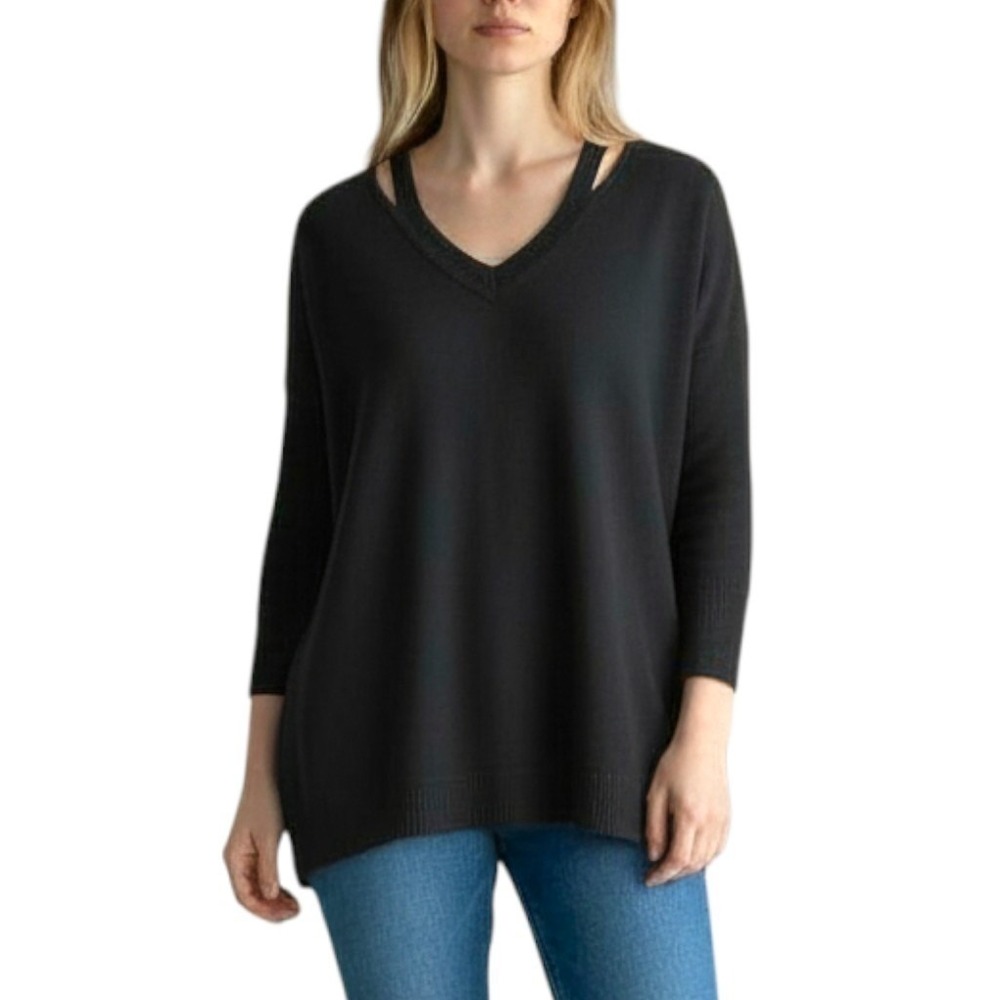 LOFT V Neck Sweater Knit Long Sleeve Women Medium Black‎ Cotton Acrylic